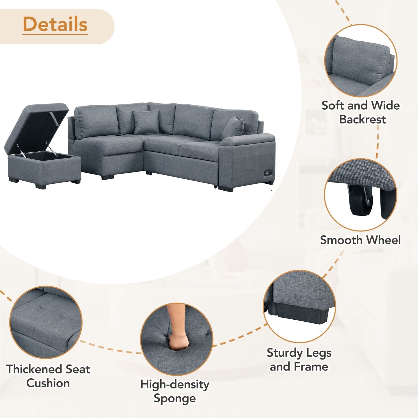 Canapé-lit d'angle moderne en velours en forme de L avec pouf de rangement, accoudoirs dissimulés et chargeur USB