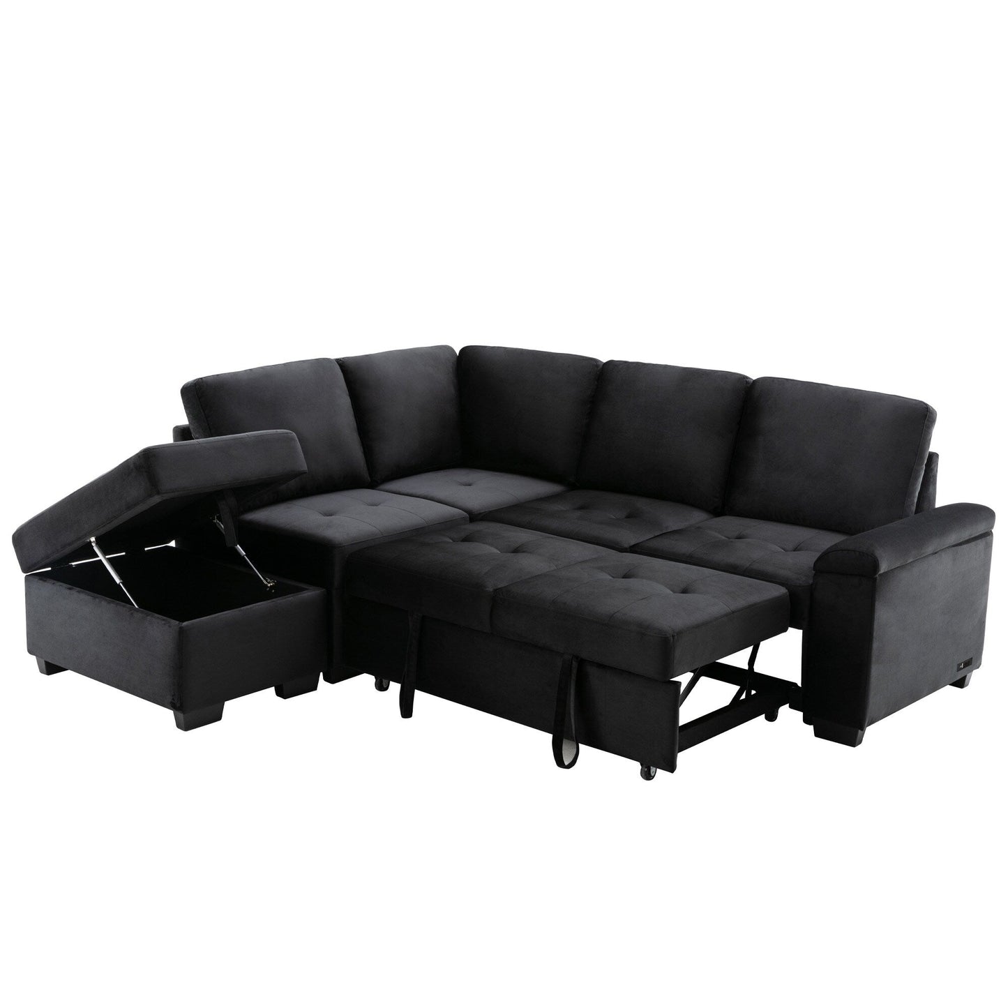 Canapé-lit d'angle moderne en velours en forme de L avec pouf de rangement, accoudoirs dissimulés et chargeur USB
