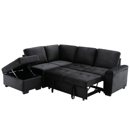 Canapé-lit d'angle moderne en velours en forme de L avec pouf de rangement, accoudoirs dissimulés et chargeur USB