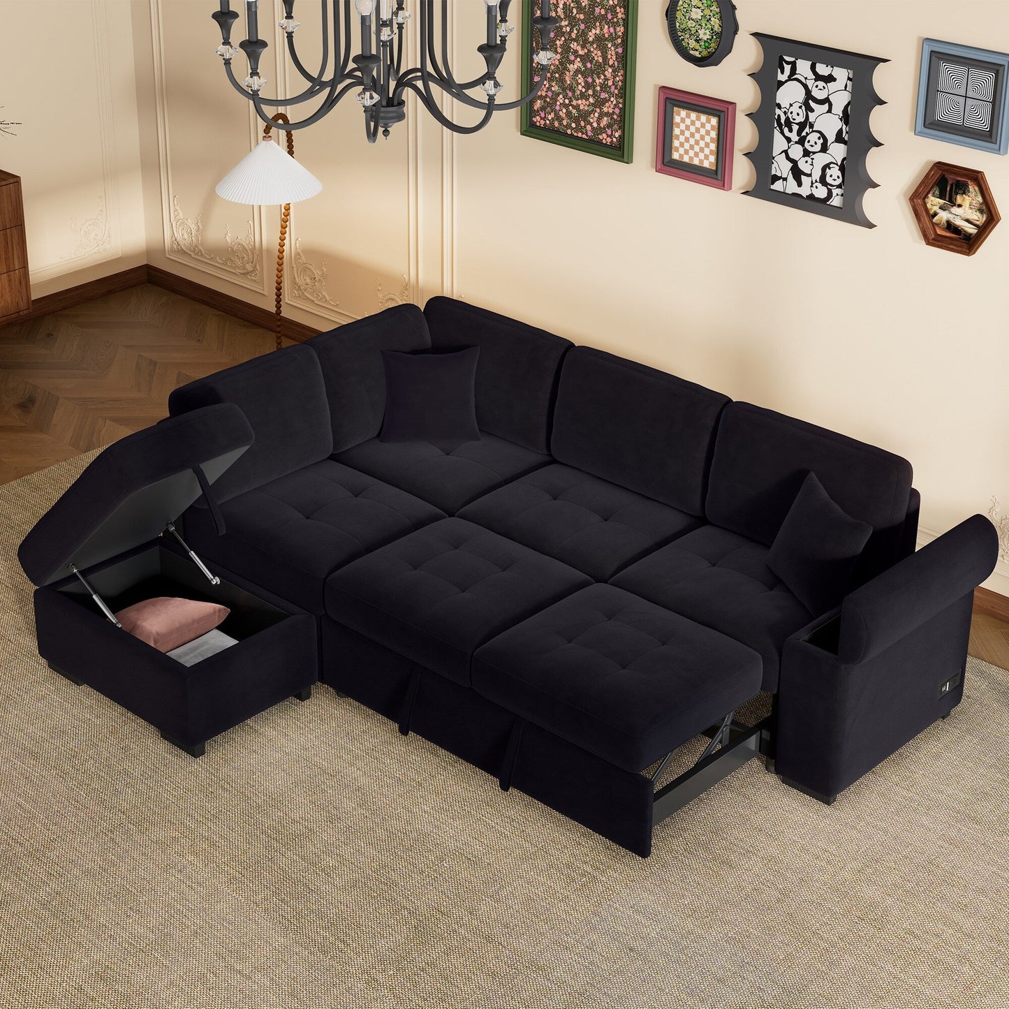 Canapé-lit d'angle moderne en velours en forme de L avec pouf de rangement, accoudoirs dissimulés et chargeur USB