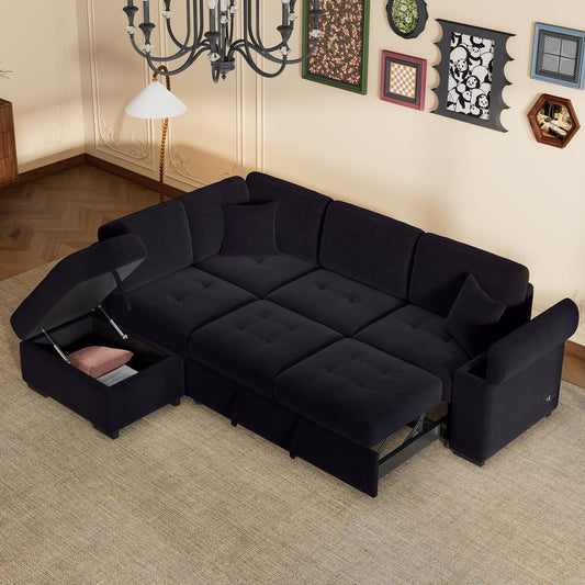 Canapé-lit d'angle moderne en velours en forme de L avec pouf de rangement, accoudoirs dissimulés et chargeur USB