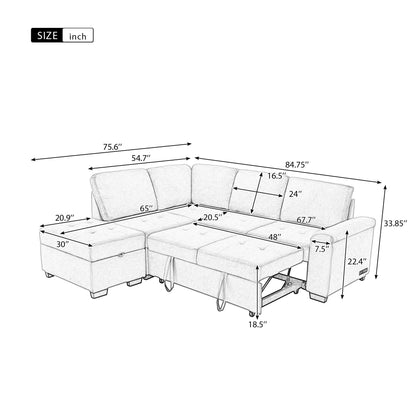 Canapé-lit d'angle moderne en velours en forme de L avec pouf de rangement, accoudoirs dissimulés et chargeur USB