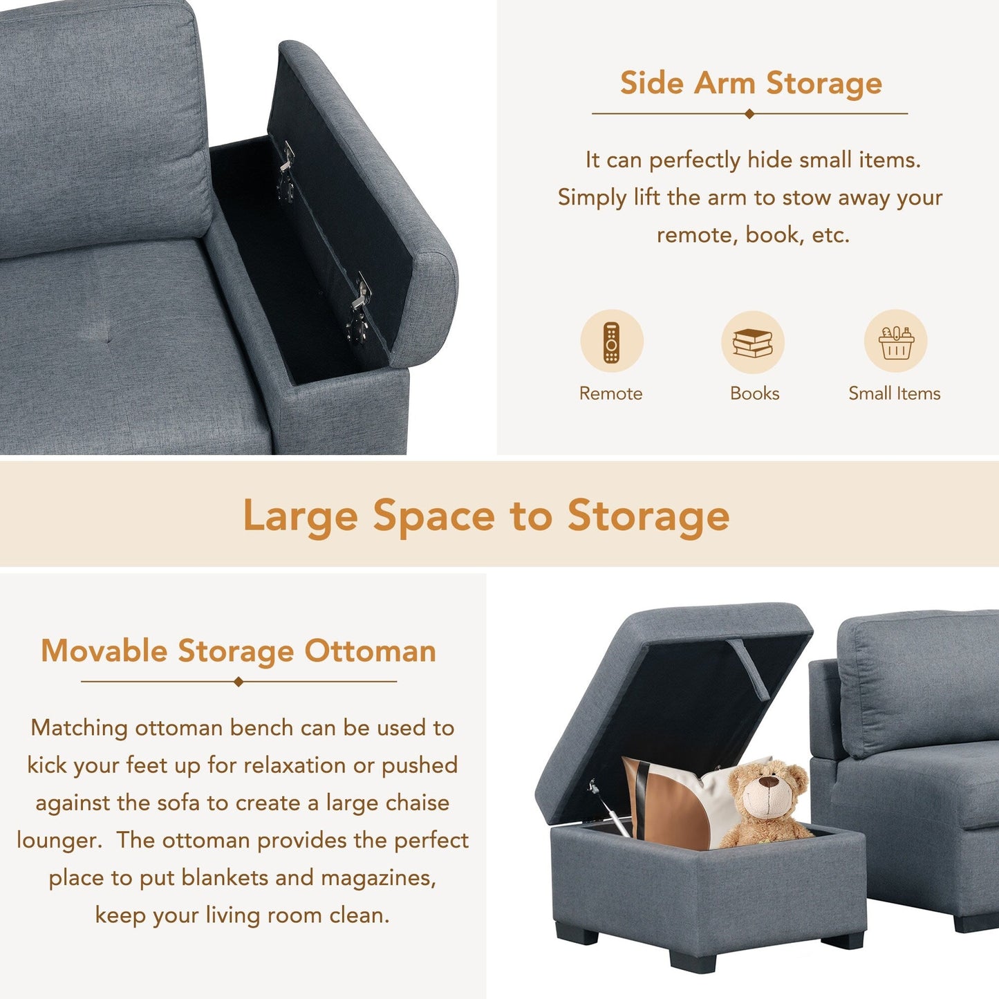 Canapé-lit d'angle moderne en velours en forme de L avec pouf de rangement, accoudoirs dissimulés et chargeur USB