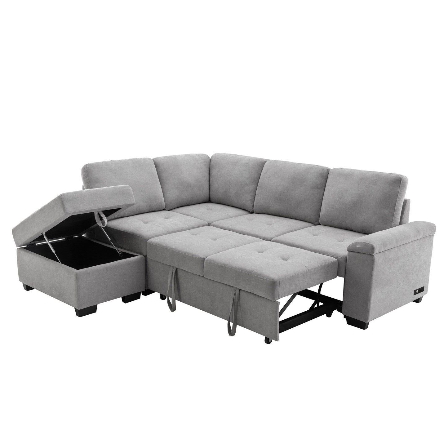 Canapé-lit d'angle moderne en velours en forme de L avec pouf de rangement, accoudoirs dissimulés et chargeur USB