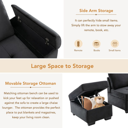 Canapé-lit d'angle moderne en velours en forme de L avec pouf de rangement, accoudoirs dissimulés et chargeur USB