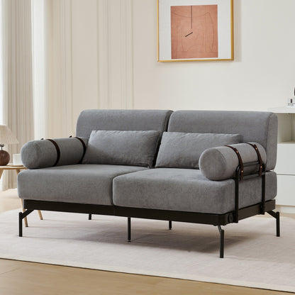 Canapé causeuse moderne 59 pouces, canapé 2 places avec ports USB flexibles, accoudoirs cylindriques uniques pour le salon, gris