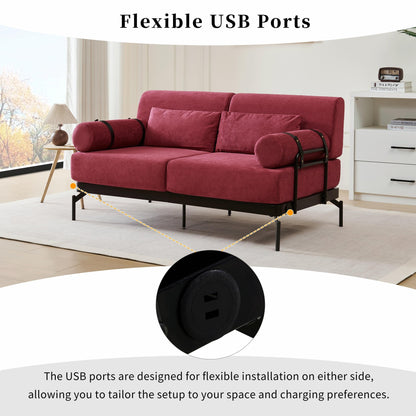 Canapé causeuse moderne 59 pouces, canapé 2 places avec ports USB flexibles et accoudoirs cylindriques uniques