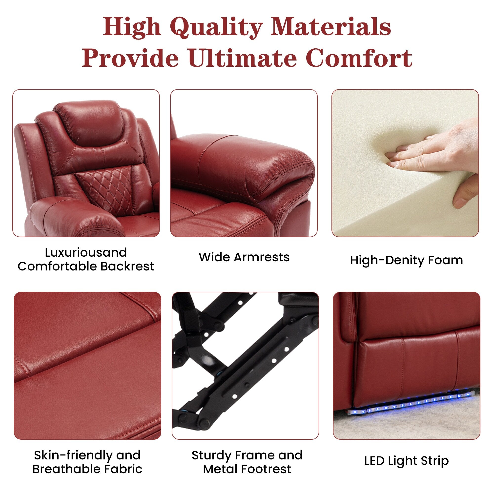 Fauteuil inclinable manuel moderne pour home cinéma avec bande lumineuse LED, dossier réglable et repose-pieds pour salon ou chambre