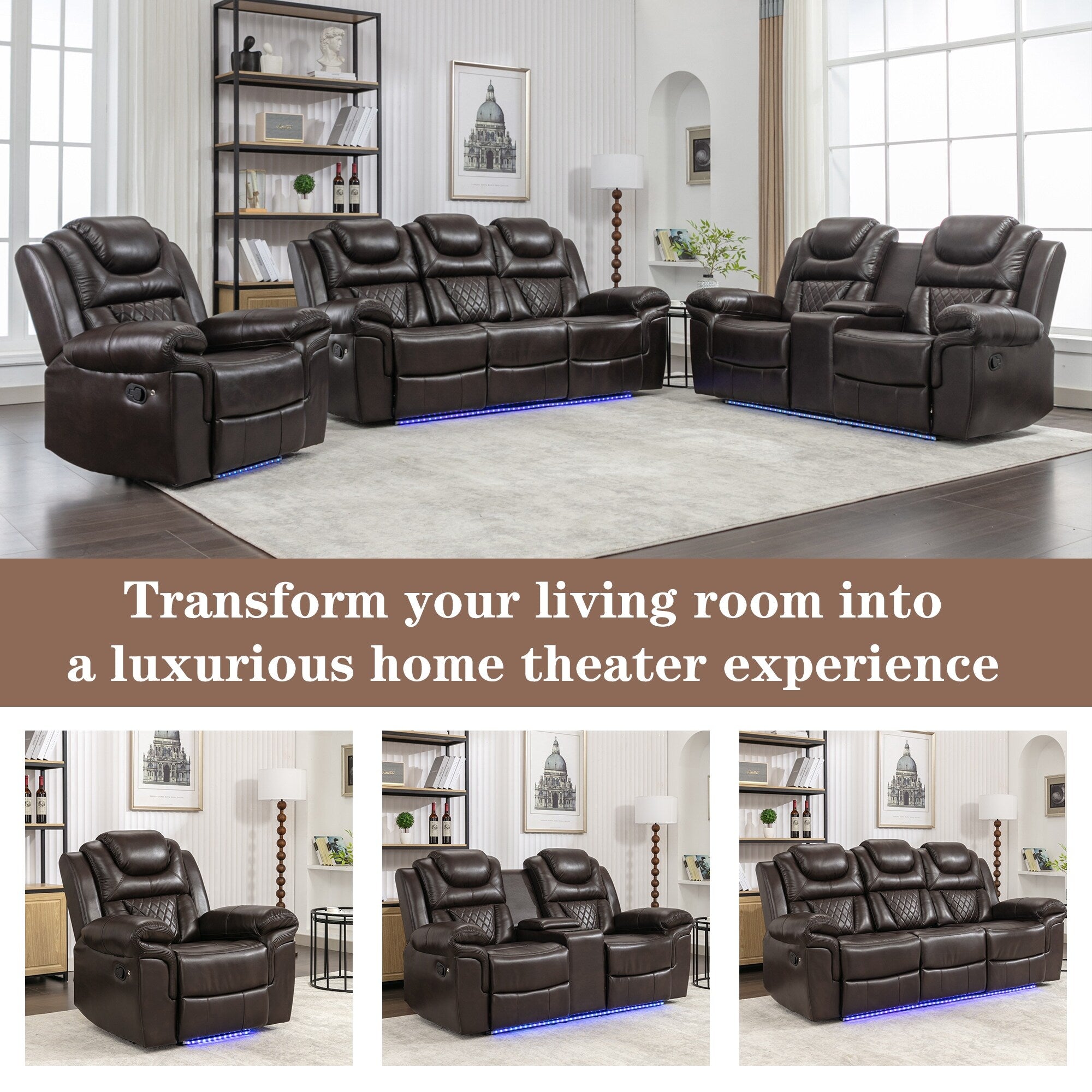Fauteuil inclinable manuel moderne pour home cinéma avec bande lumineuse LED, dossier réglable et repose-pieds pour salon ou chambre