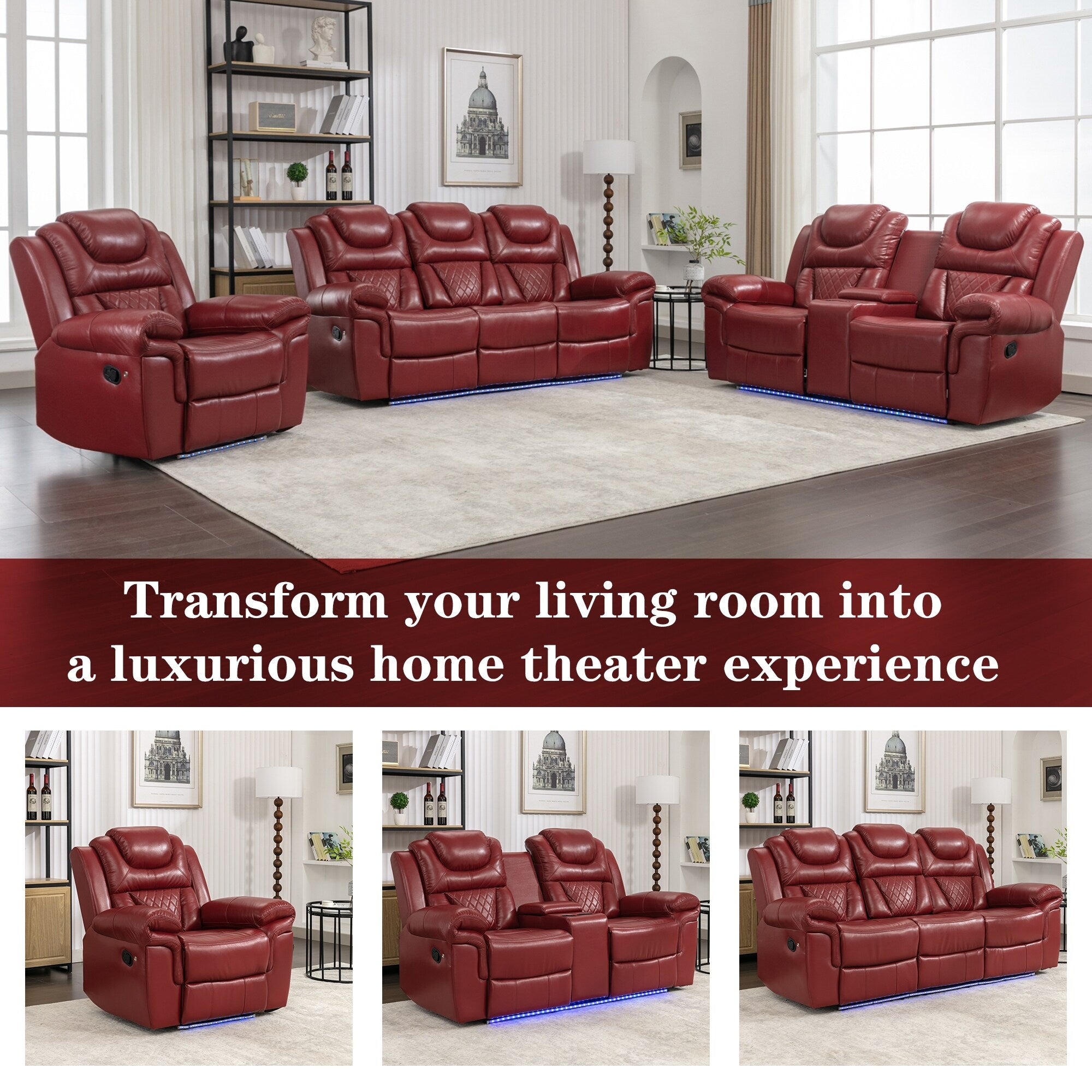 Fauteuil inclinable manuel moderne pour home cinéma avec bande lumineuse LED, dossier réglable et repose-pieds pour salon ou chambre