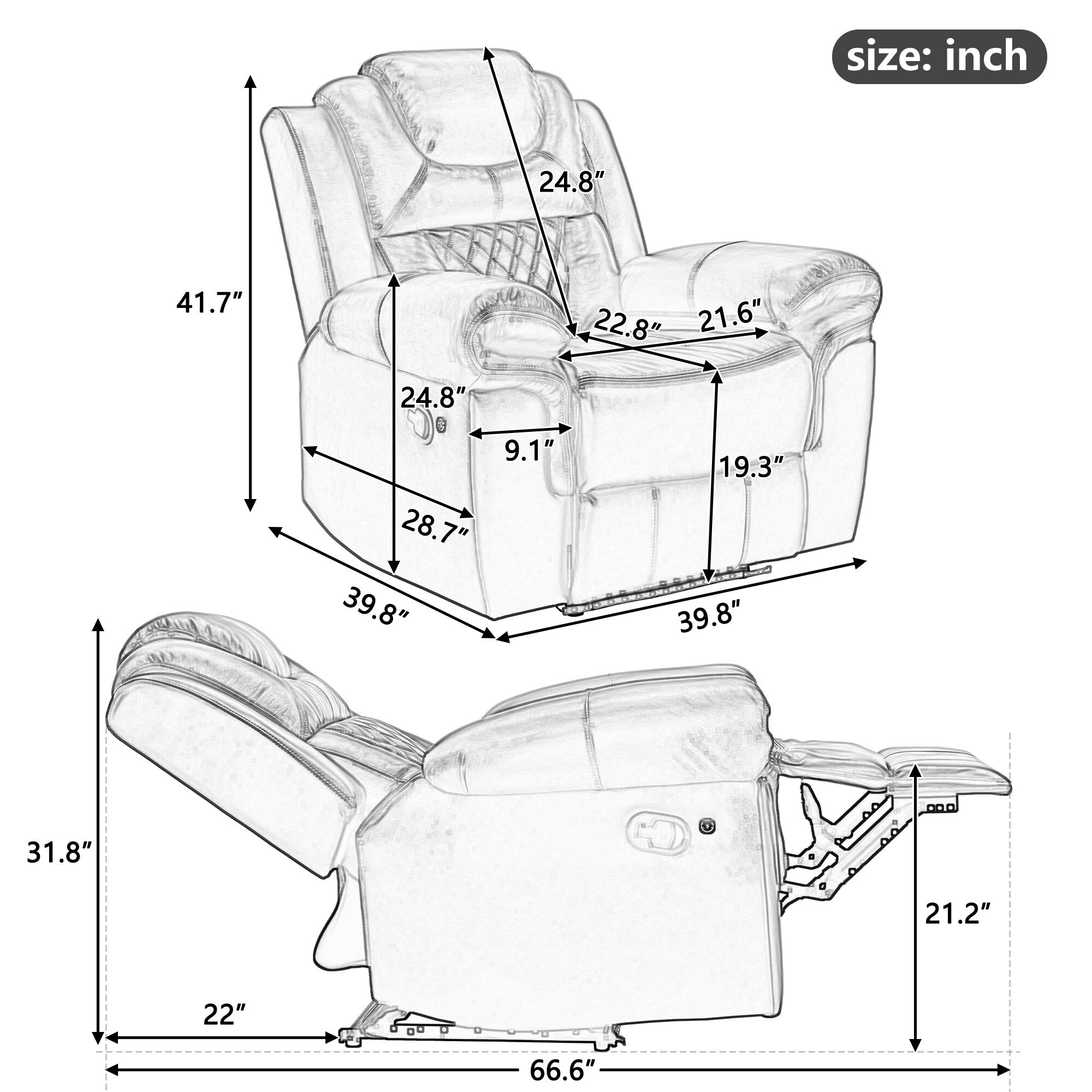 Fauteuil inclinable manuel moderne pour home cinéma avec bande lumineuse LED, dossier réglable et repose-pieds pour salon ou chambre
