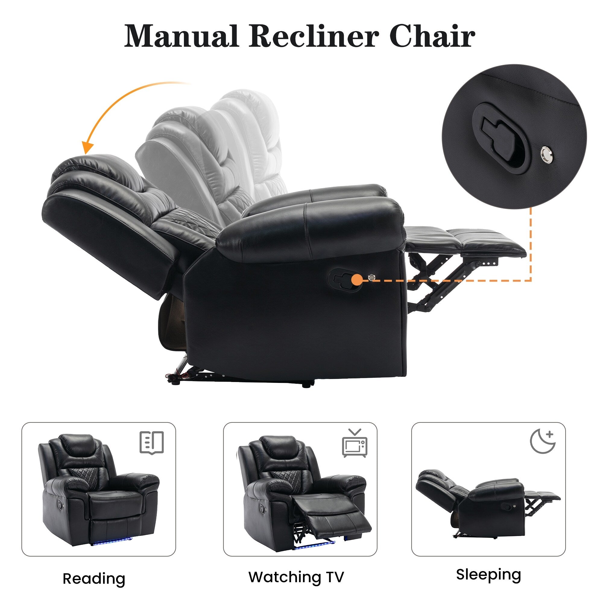 Fauteuil inclinable manuel moderne pour home cinéma avec bande lumineuse LED, dossier réglable et repose-pieds pour salon ou chambre