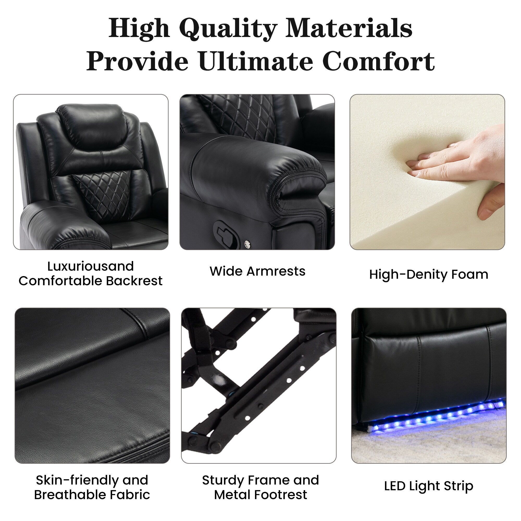 Fauteuil inclinable manuel moderne pour home cinéma avec bande lumineuse LED, dossier réglable et repose-pieds pour salon ou chambre