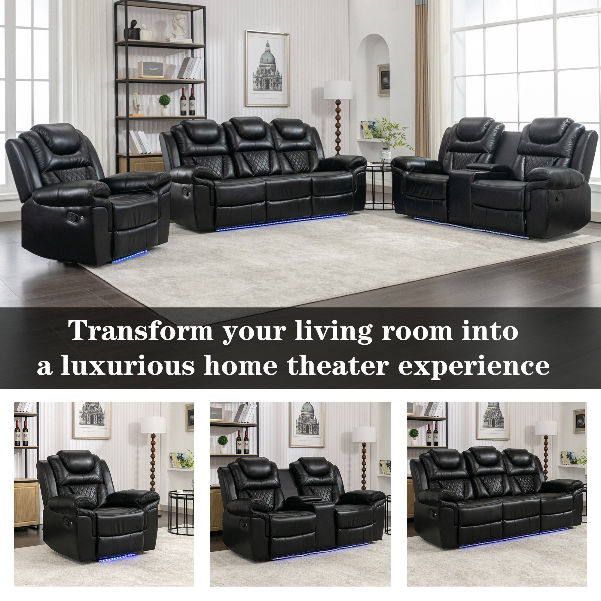 Fauteuil inclinable manuel moderne pour home cinéma avec bande lumineuse LED, dossier réglable et repose-pieds pour salon ou chambre