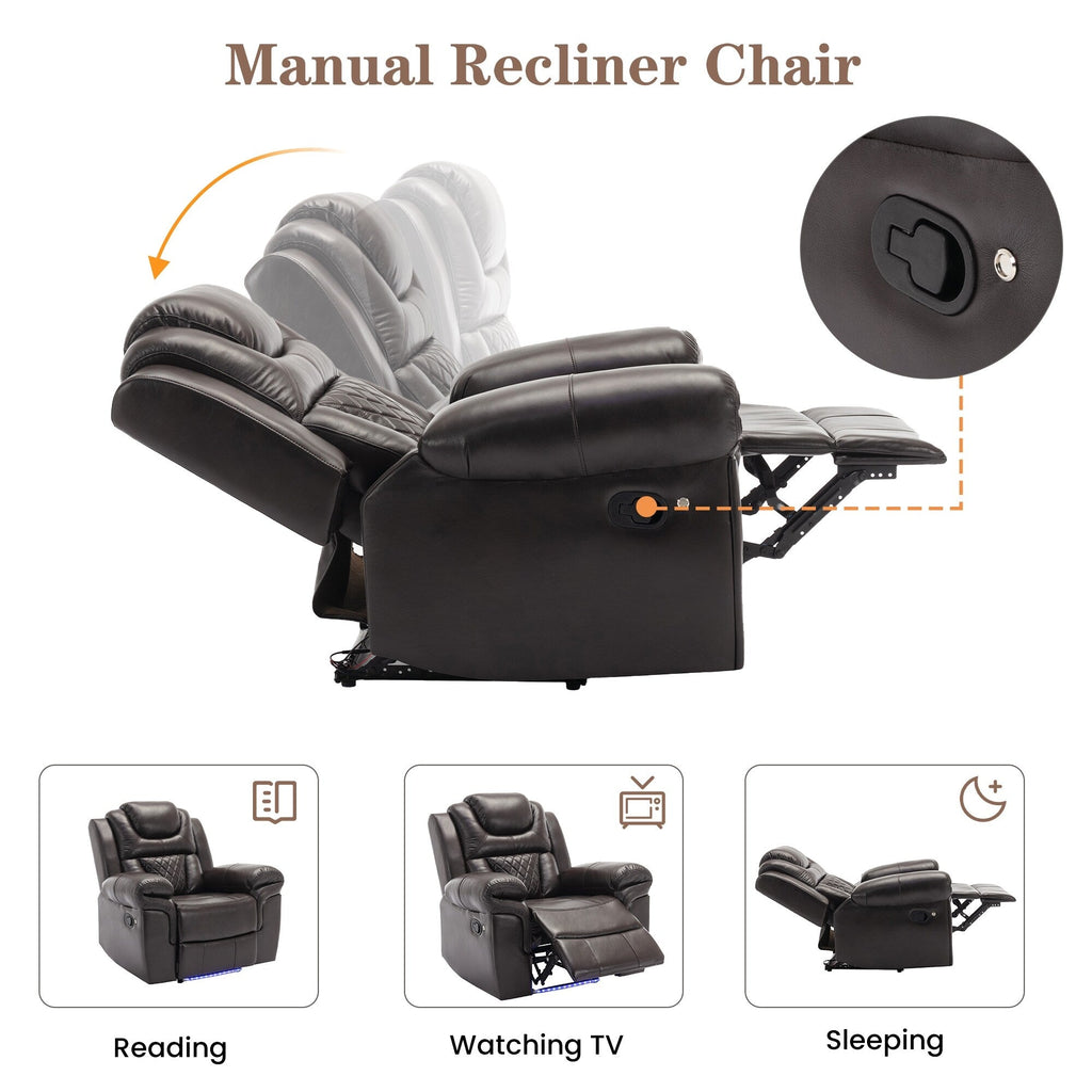 Fauteuil inclinable manuel moderne pour home cinéma avec bande lumineuse LED, dossier réglable et repose-pieds pour salon ou chambre