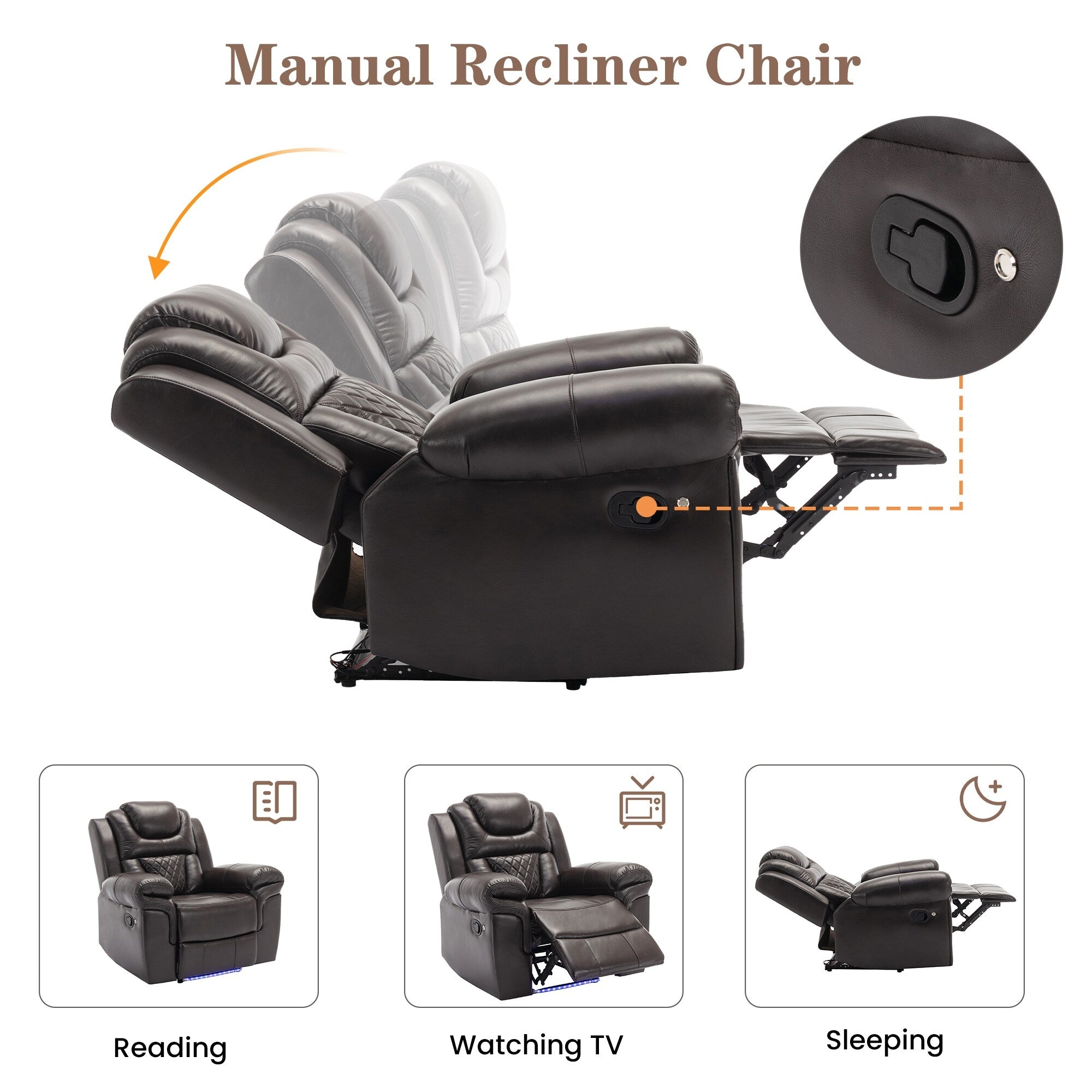 Fauteuil inclinable manuel moderne pour home cinéma avec bande lumineuse LED, dossier réglable et repose-pieds pour salon ou chambre