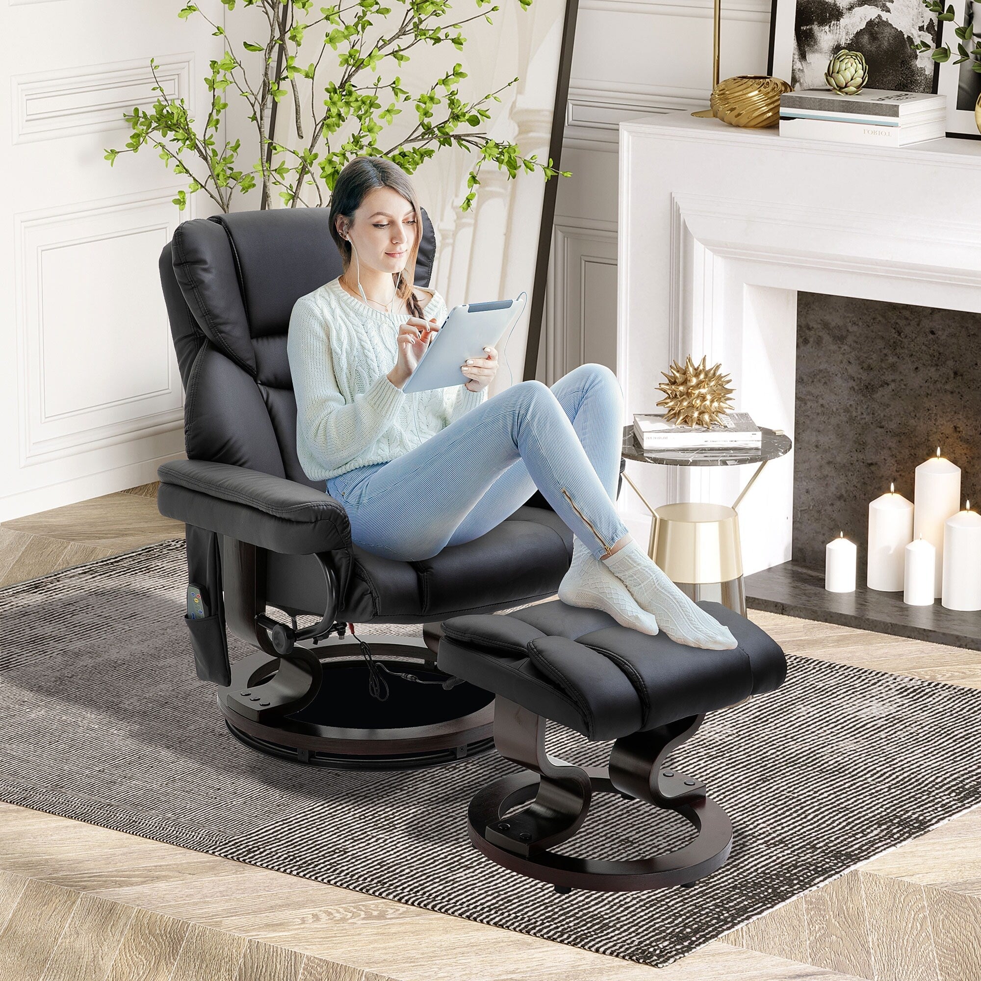 Fauteuil de massage inclinable moderne réglable en cuir PU, pivotant à 360°, avec repose-pieds et télécommande