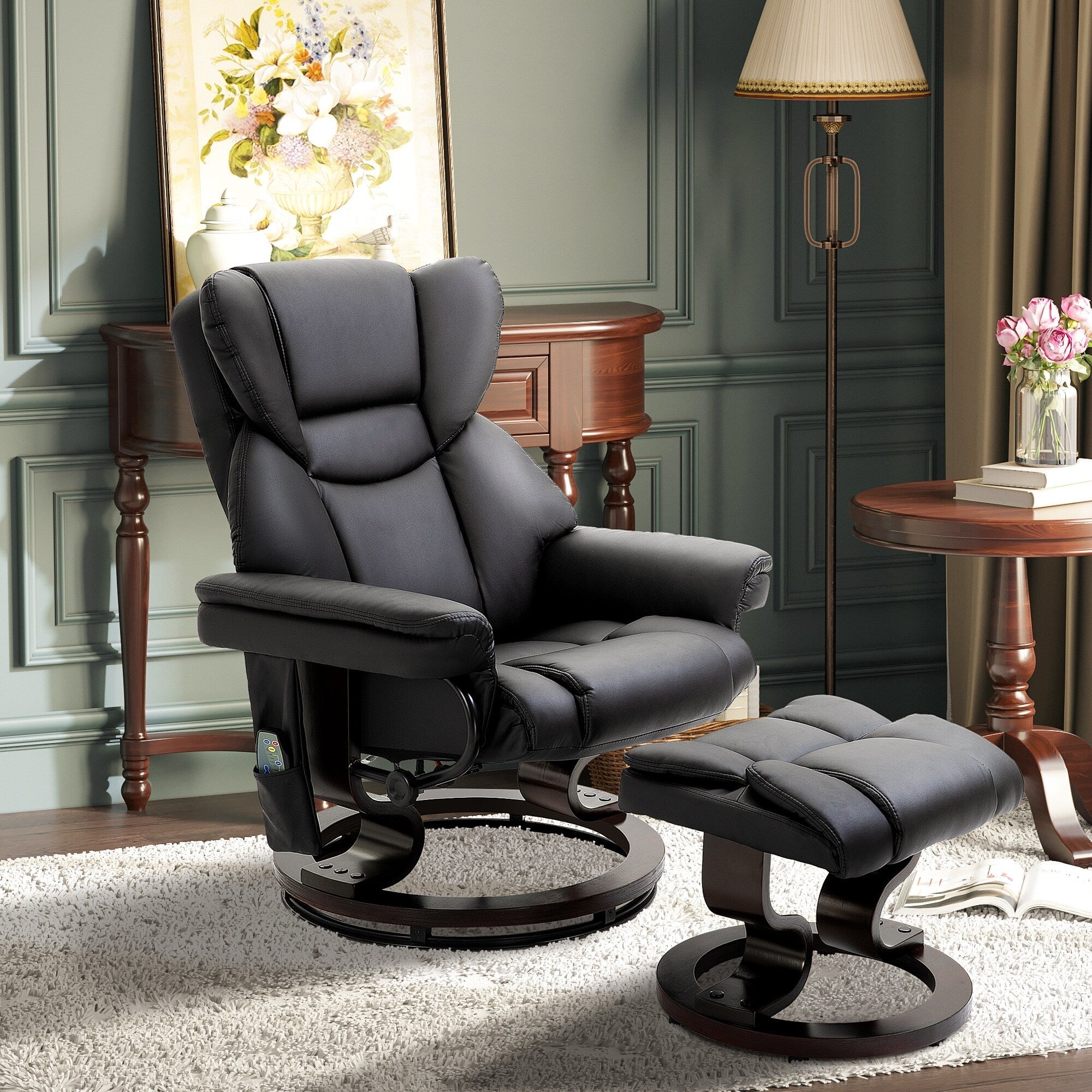 Fauteuil de massage inclinable moderne réglable en cuir PU, pivotant à 360°, avec repose-pieds et télécommande