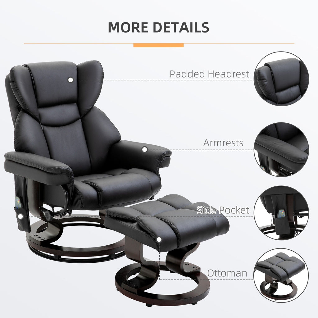 Fauteuil de massage inclinable moderne réglable en cuir PU, pivotant à 360°, avec repose-pieds et télécommande