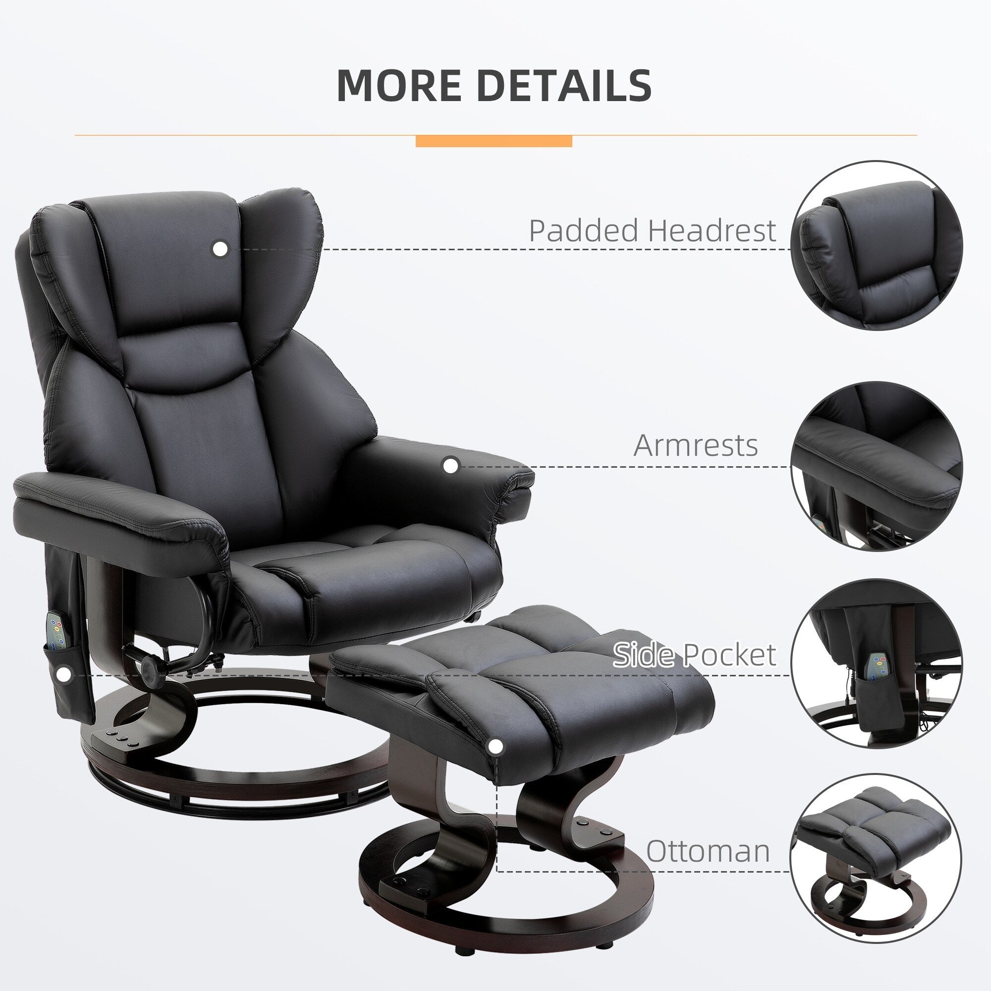 Fauteuil de massage inclinable moderne réglable en cuir PU, pivotant à 360°, avec repose-pieds et télécommande