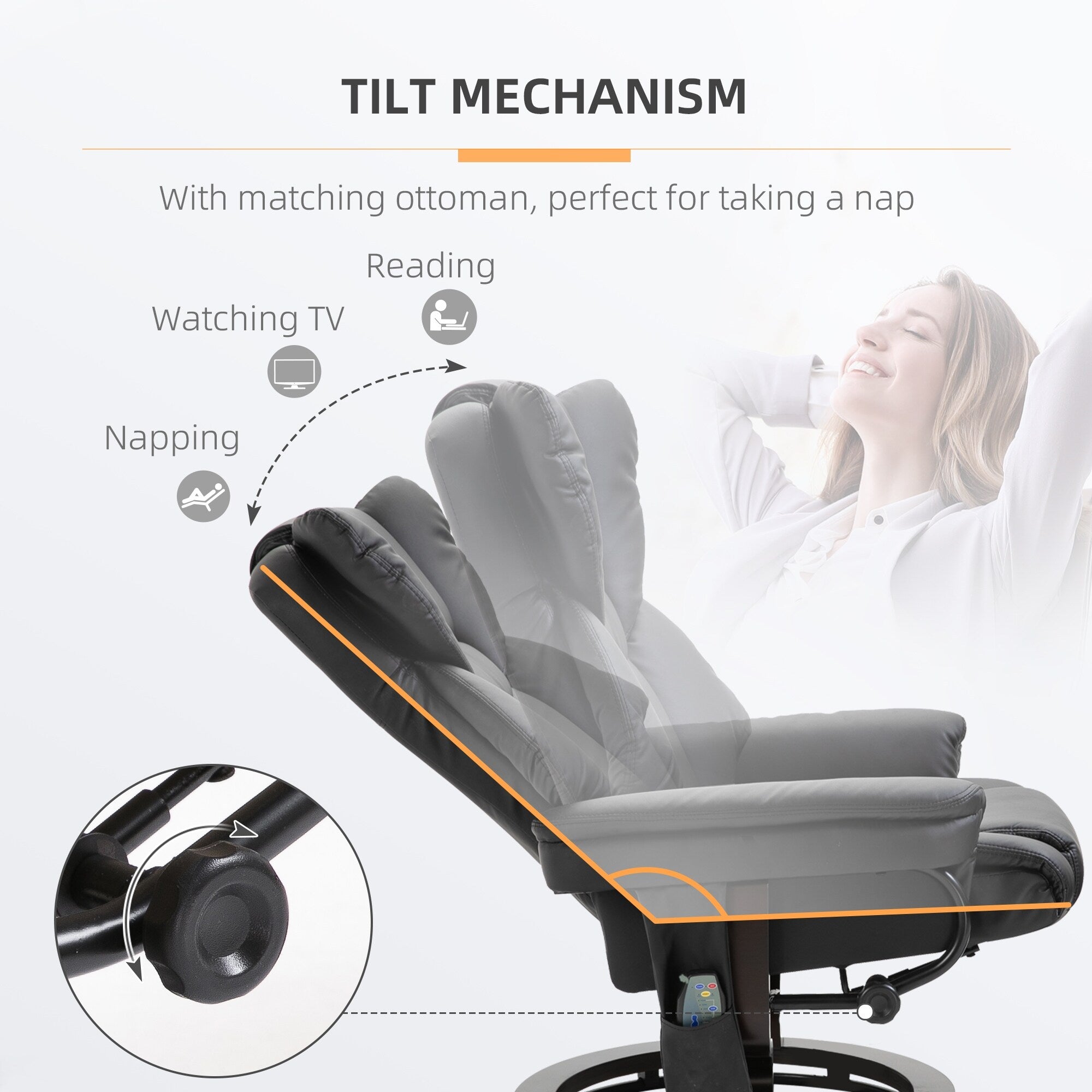 Fauteuil de massage inclinable moderne réglable en cuir PU, pivotant à 360°, avec repose-pieds et télécommande
