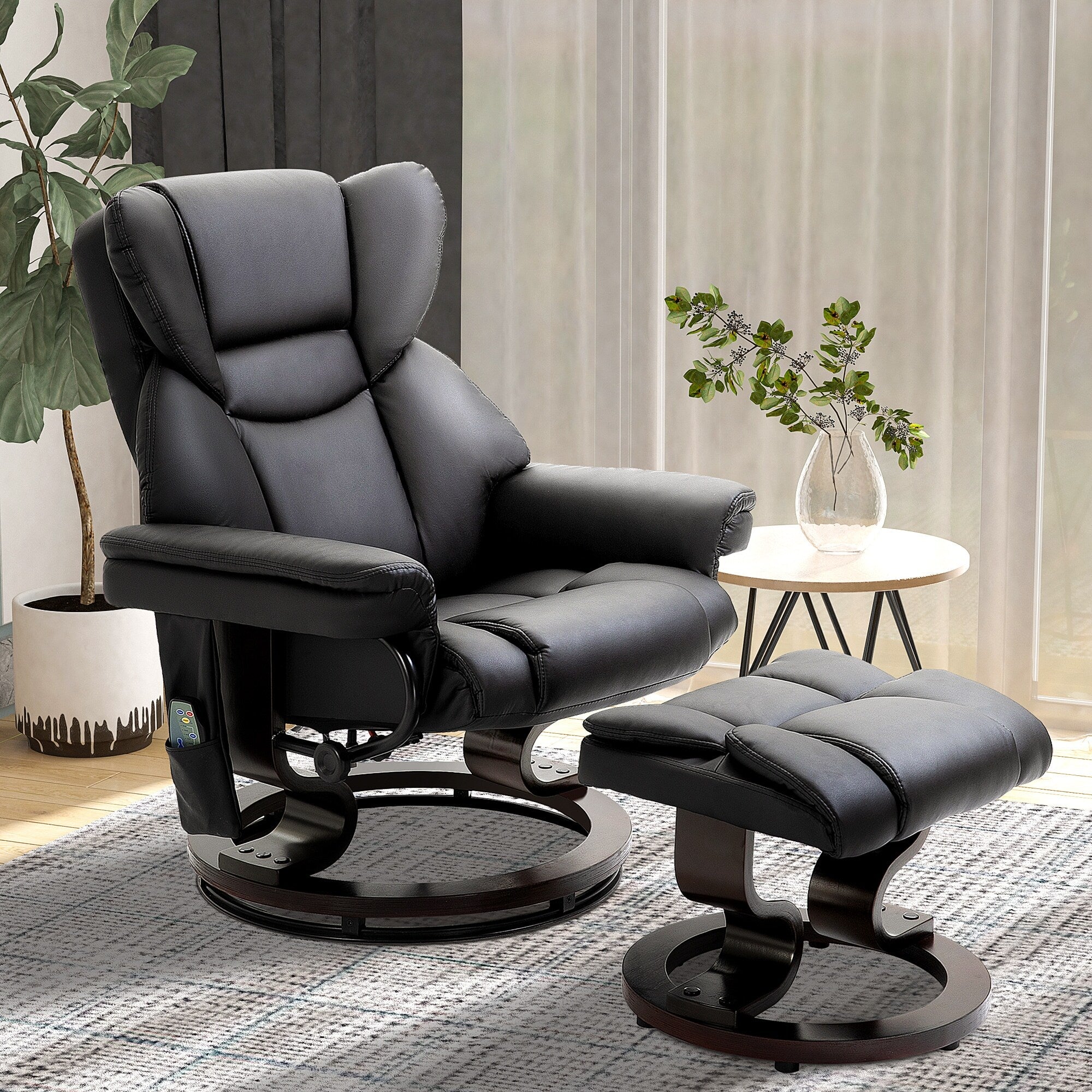 Fauteuil de massage inclinable moderne réglable en cuir PU, pivotant à 360°, avec repose-pieds et télécommande