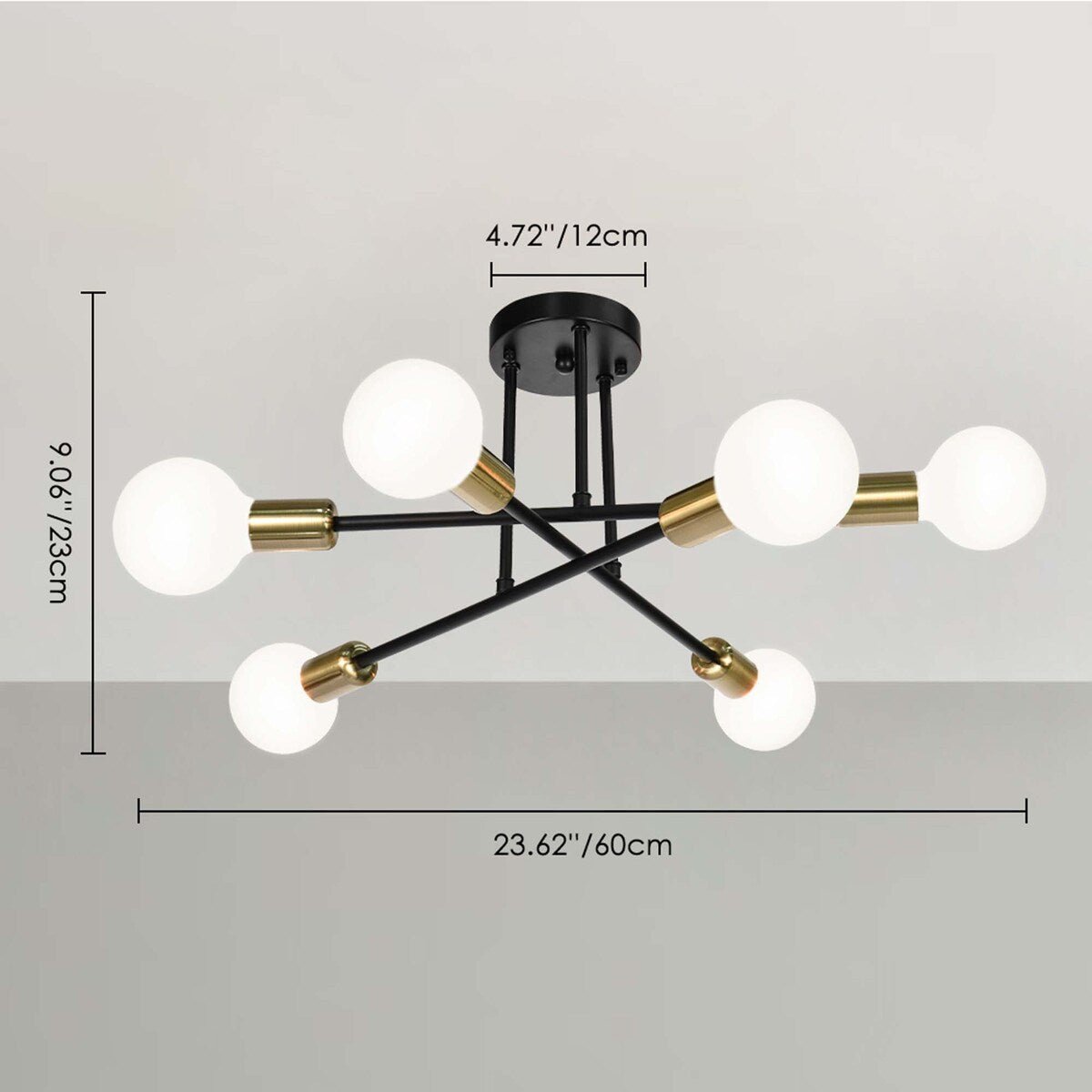 Plafonnier semi-encastré moderne en métal Sputnik de 6 lumières, 23,62 po