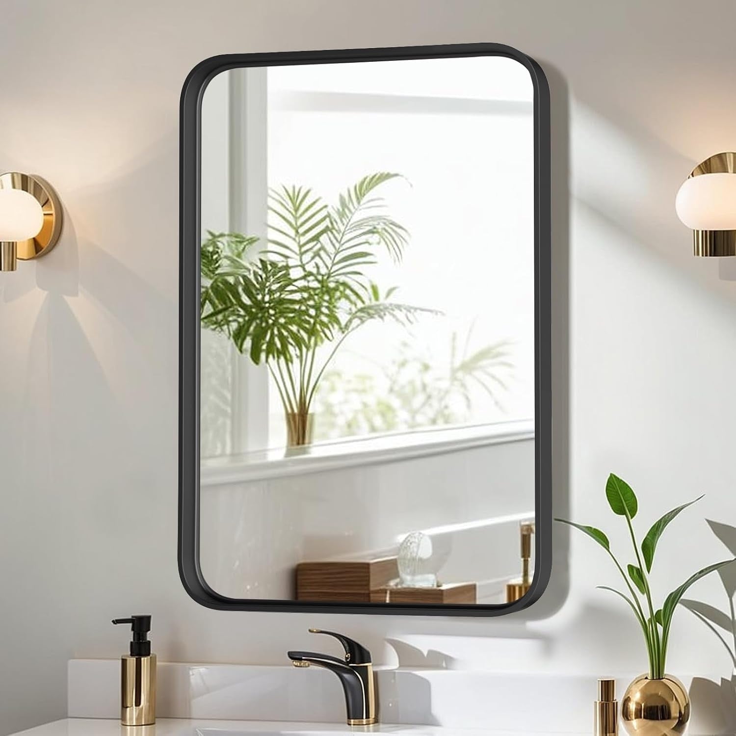 Miroirs de salle de bain rectangulaires arrondis avec cadre en alliage d'aluminium noir, à suspendre au-dessus du lavabo, horizontalement ou verticalement