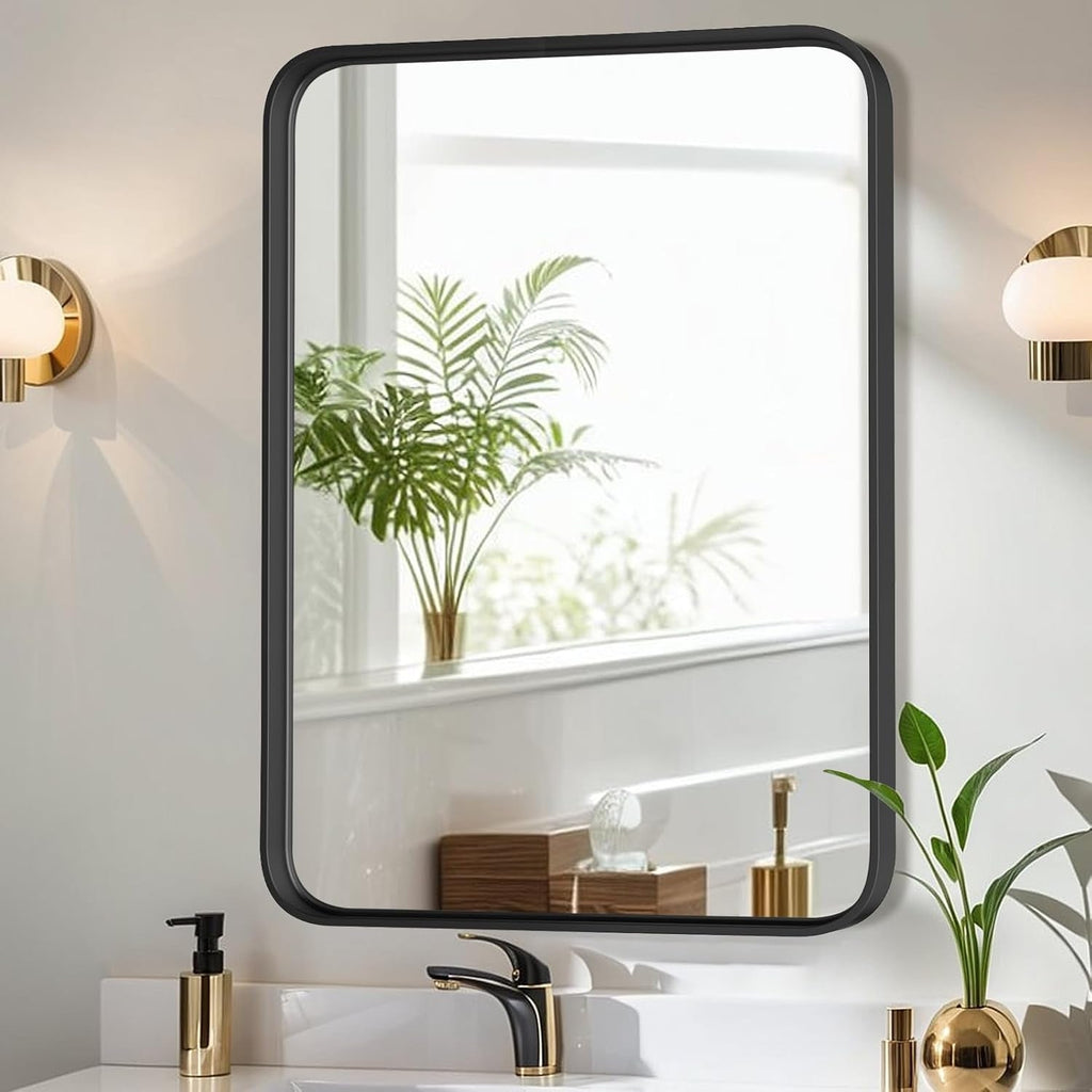 Miroirs de salle de bain rectangulaires arrondis avec cadre en alliage d'aluminium noir, à suspendre au-dessus du lavabo, horizontalement ou verticalement