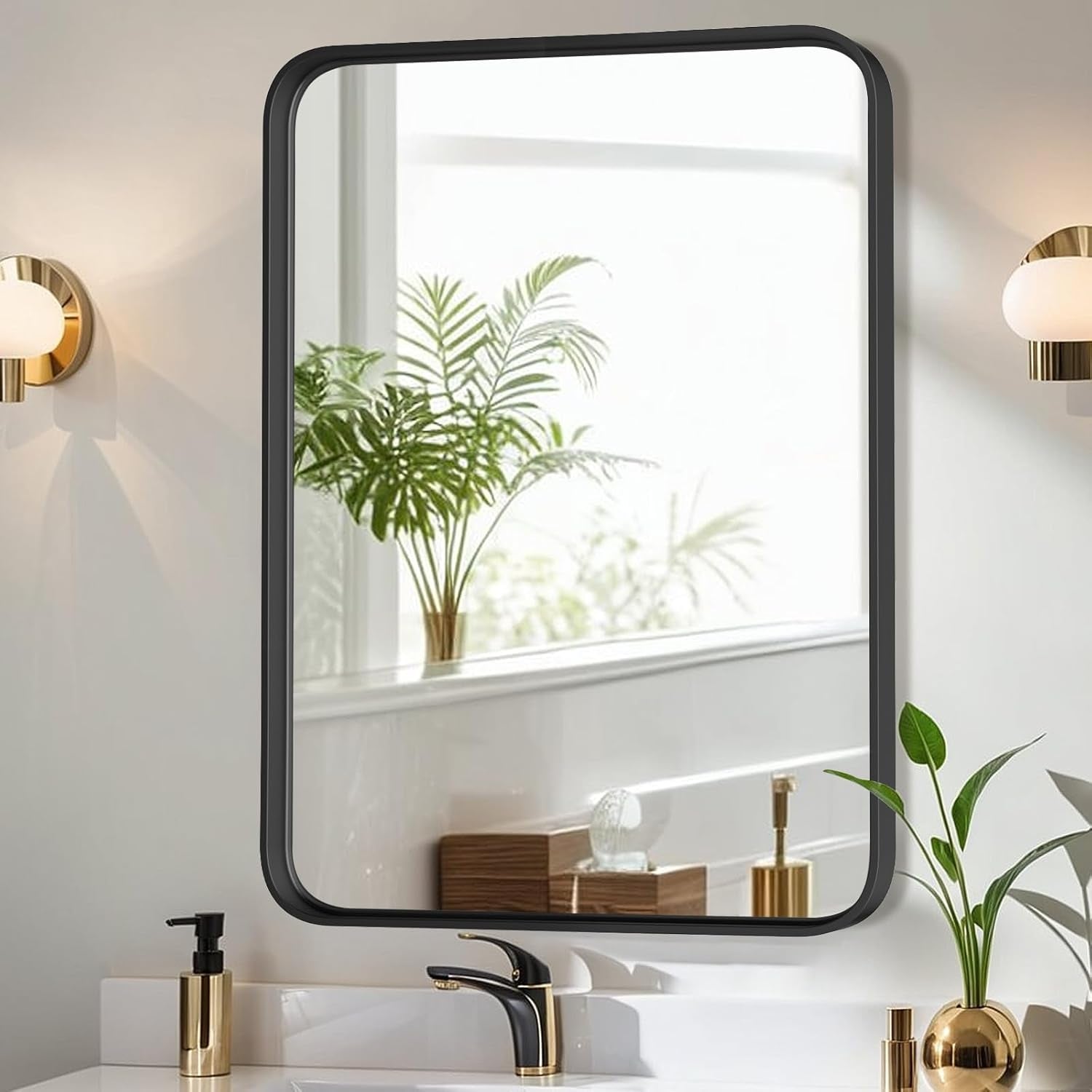 Miroirs de salle de bain rectangulaires arrondis avec cadre en alliage d'aluminium noir, à suspendre au-dessus du lavabo, horizontalement ou verticalement