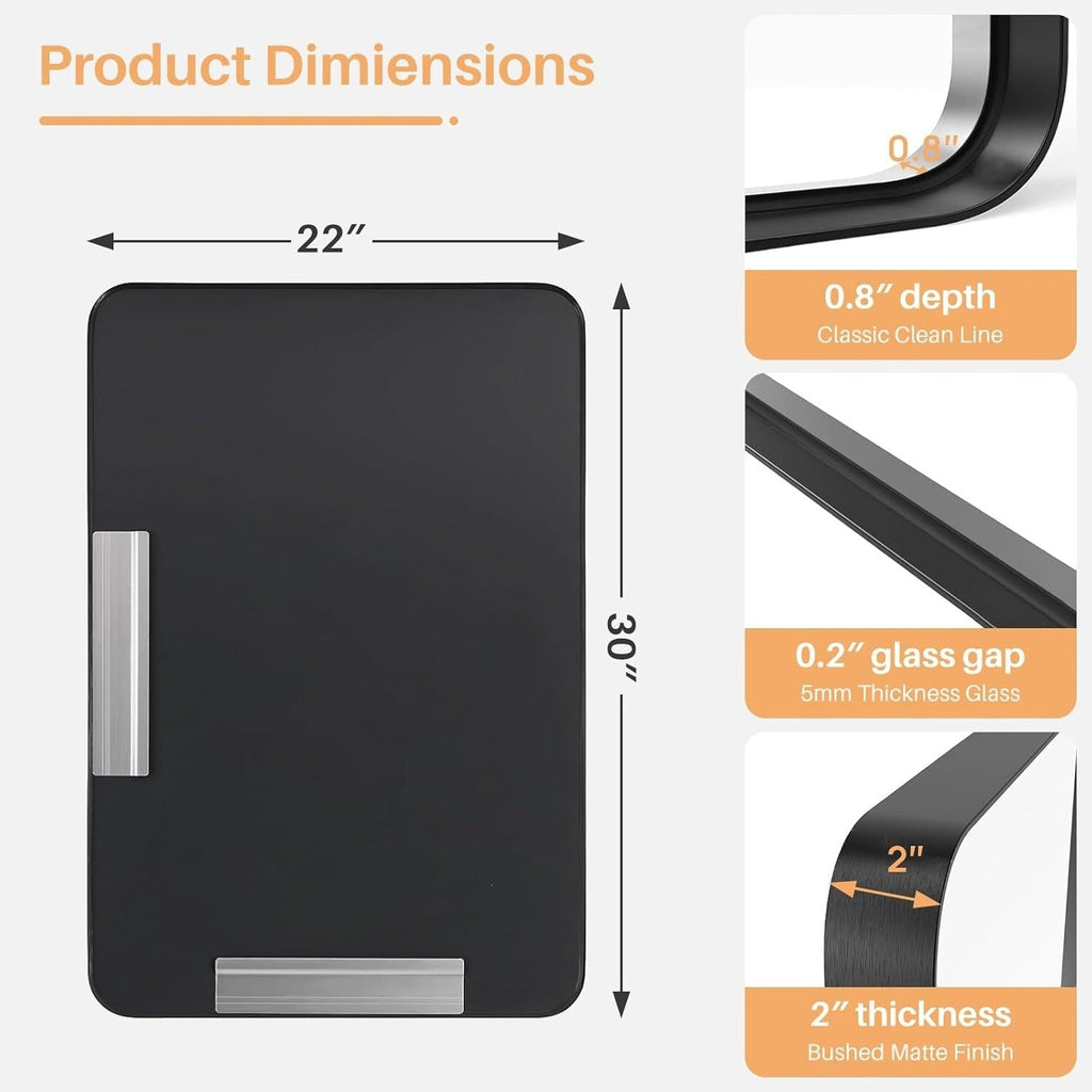 Miroirs de salle de bain rectangulaires arrondis avec cadre en alliage d'aluminium noir, à suspendre au-dessus du lavabo, horizontalement ou verticalement