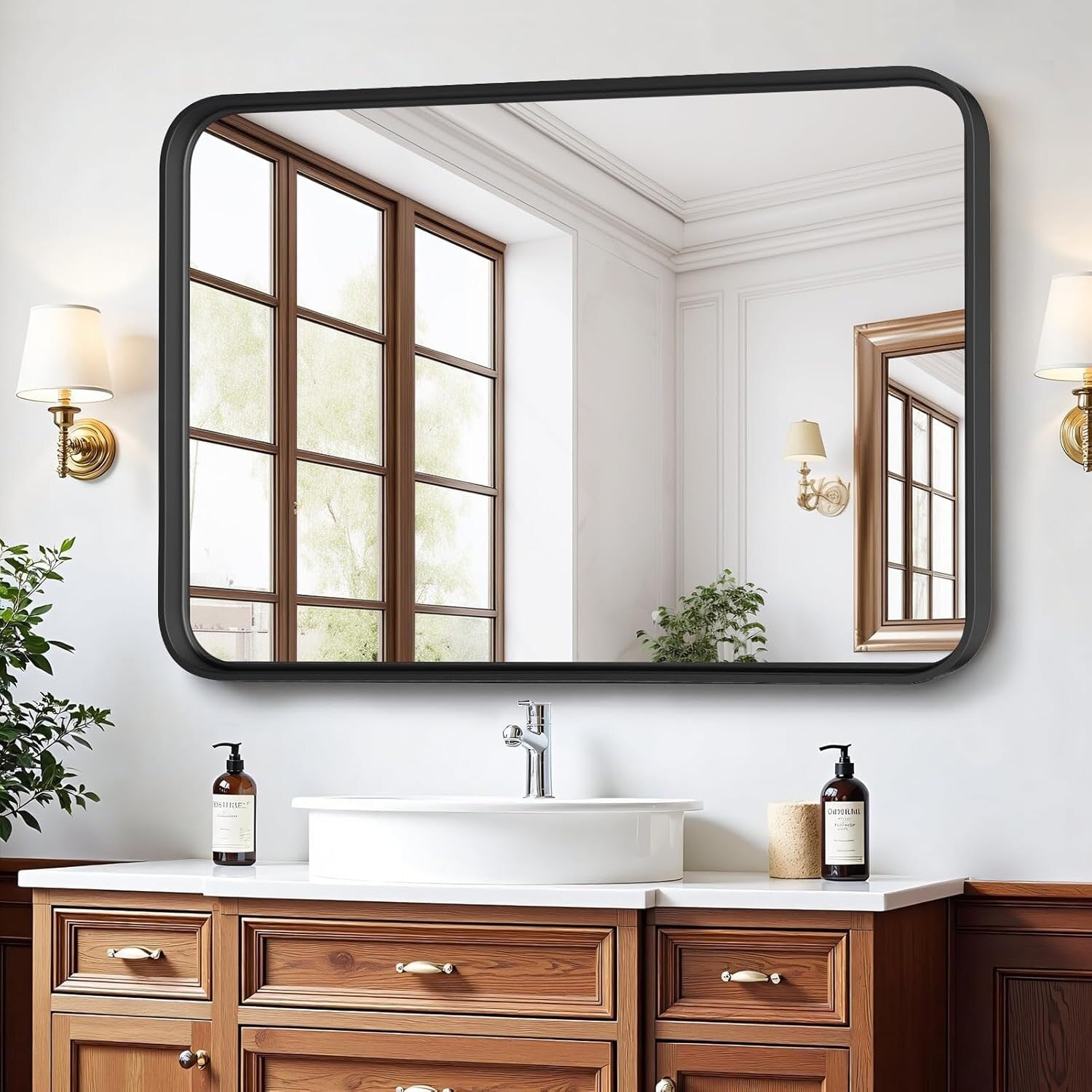Miroirs de salle de bain rectangulaires arrondis avec cadre en alliage d'aluminium noir, à suspendre au-dessus du lavabo, horizontalement ou verticalement