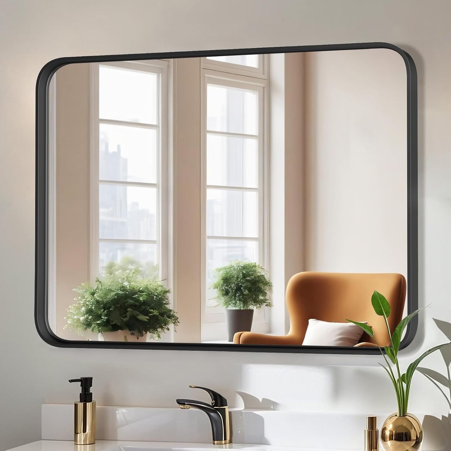 Miroirs de salle de bain rectangulaires arrondis avec cadre en alliage d'aluminium noir, à suspendre au-dessus du lavabo, horizontalement ou verticalement