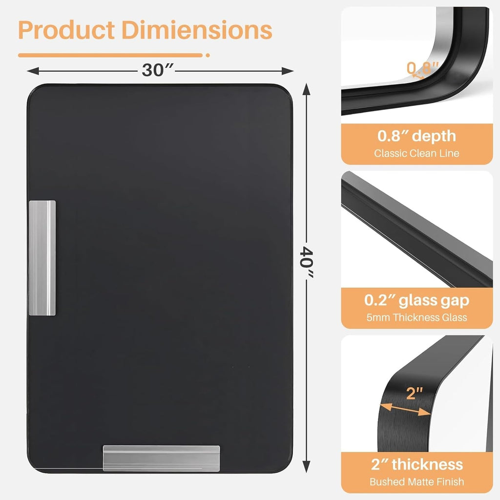 Miroirs de salle de bain rectangulaires arrondis avec cadre en alliage d'aluminium noir, à suspendre au-dessus du lavabo, horizontalement ou verticalement