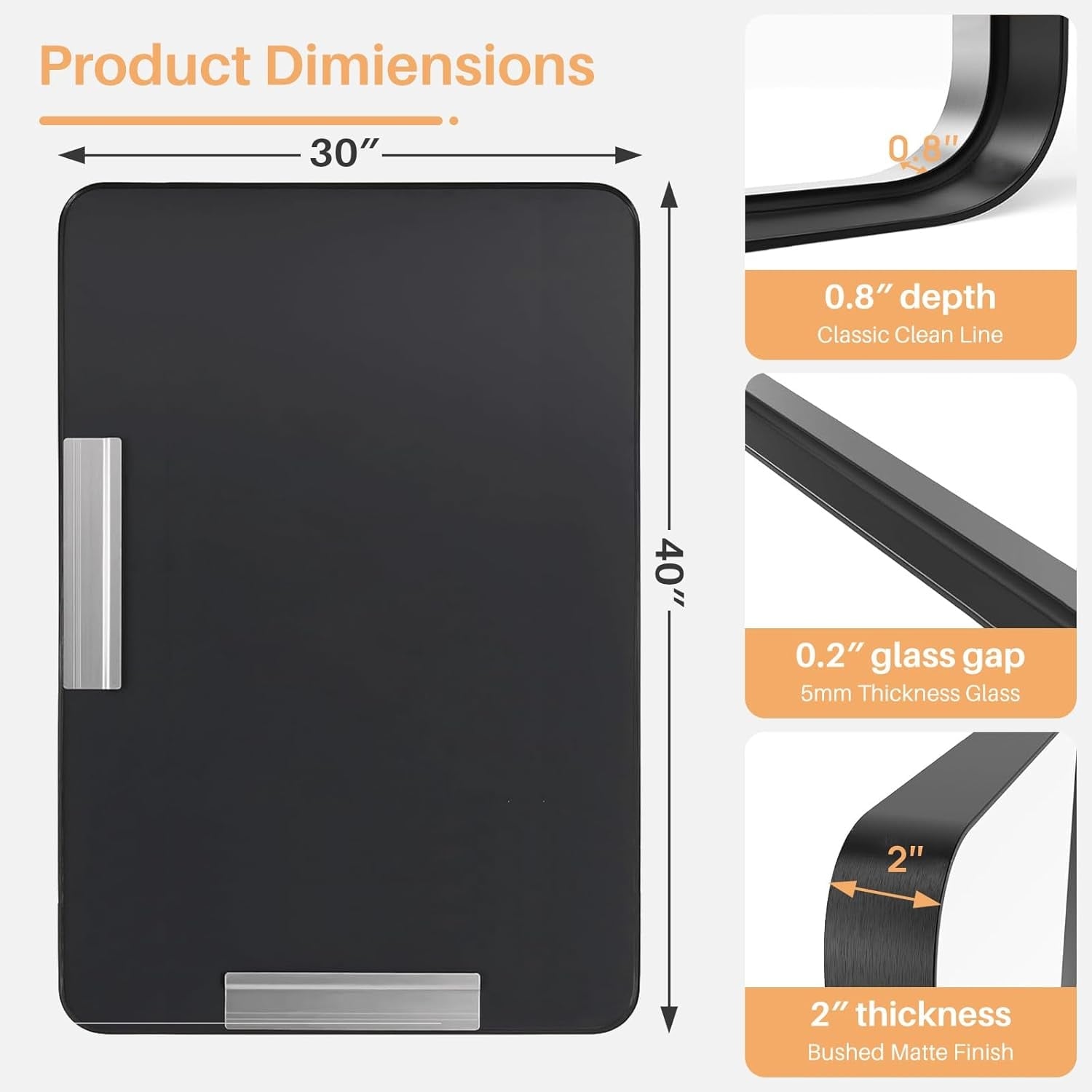 Miroirs de salle de bain rectangulaires arrondis avec cadre en alliage d'aluminium noir, à suspendre au-dessus du lavabo, horizontalement ou verticalement
