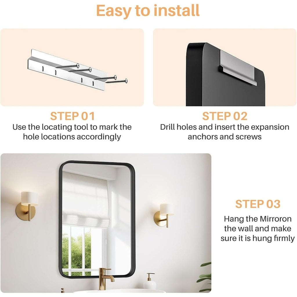 Miroirs de salle de bain rectangulaires arrondis avec cadre en alliage d'aluminium noir, à suspendre au-dessus du lavabo, horizontalement ou verticalement