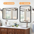 Miroirs de salle de bain rectangulaires arrondis avec cadre en alliage d'aluminium noir, à suspendre au-dessus du lavabo, horizontalement ou verticalement