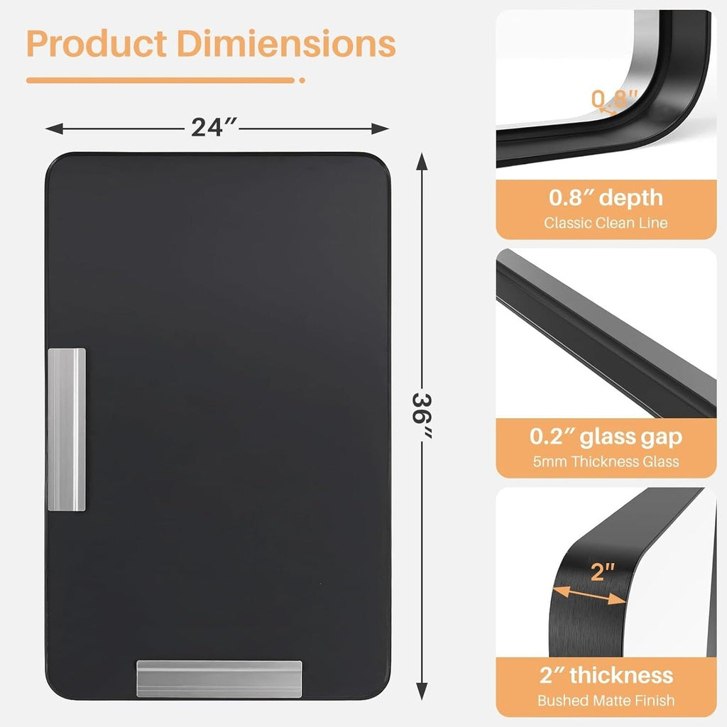 Miroirs de salle de bain rectangulaires arrondis avec cadre en alliage d'aluminium noir, à suspendre au-dessus du lavabo, horizontalement ou verticalement