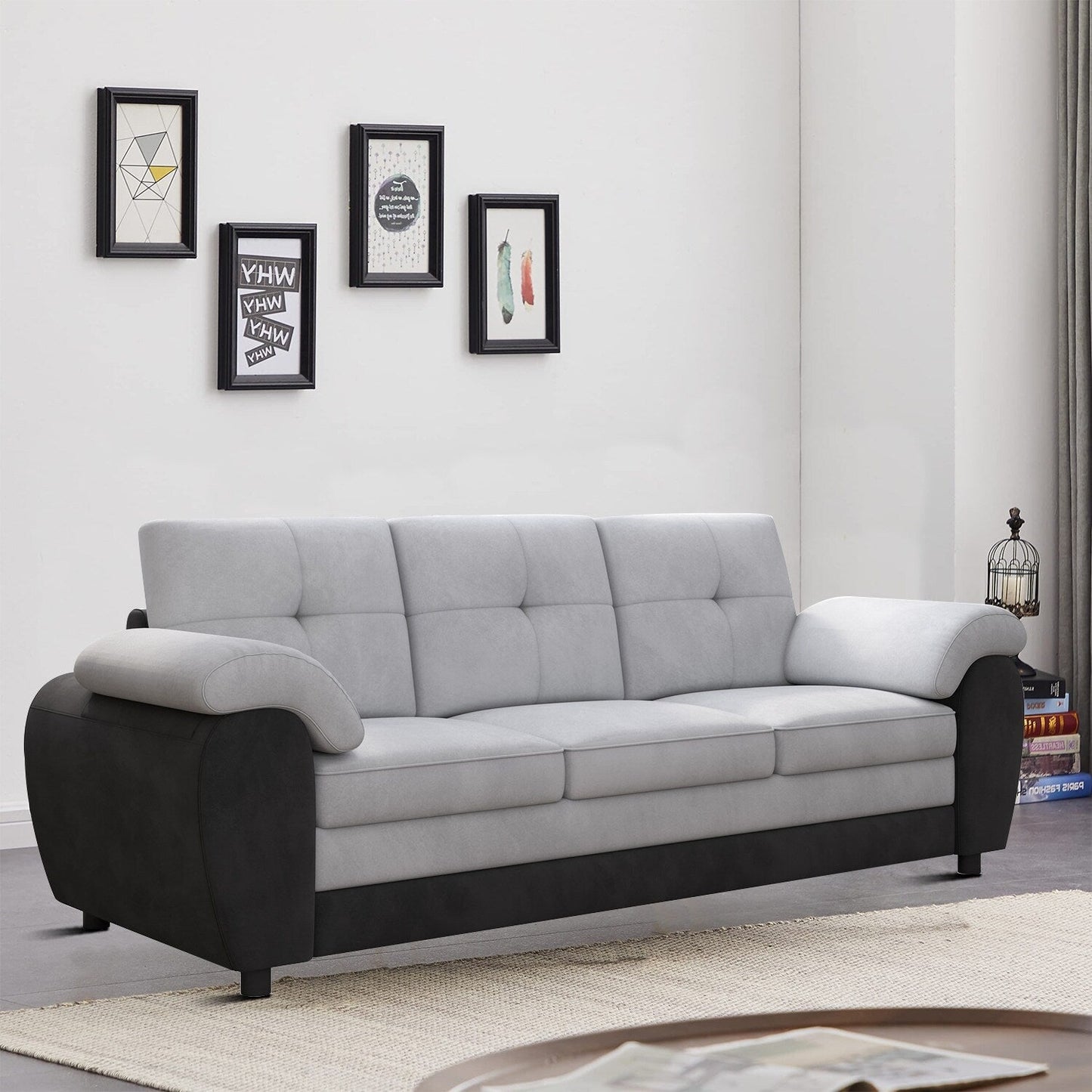Canapé trois places moderne et minimaliste, rembourré, avec tissu en velours et accoudoirs en coussin, pour le salon