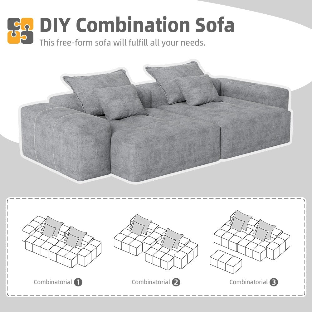 Canapé modulaire moderne en chenille avec 2 chaises longues, 2 accoudoirs et 4 coussins pour le salon