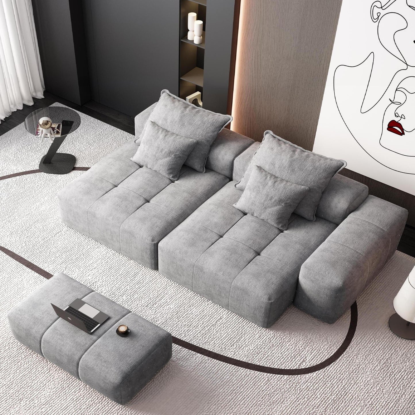 Canapé modulaire moderne en chenille avec 2 chaises longues, 2 accoudoirs et 4 coussins pour le salon