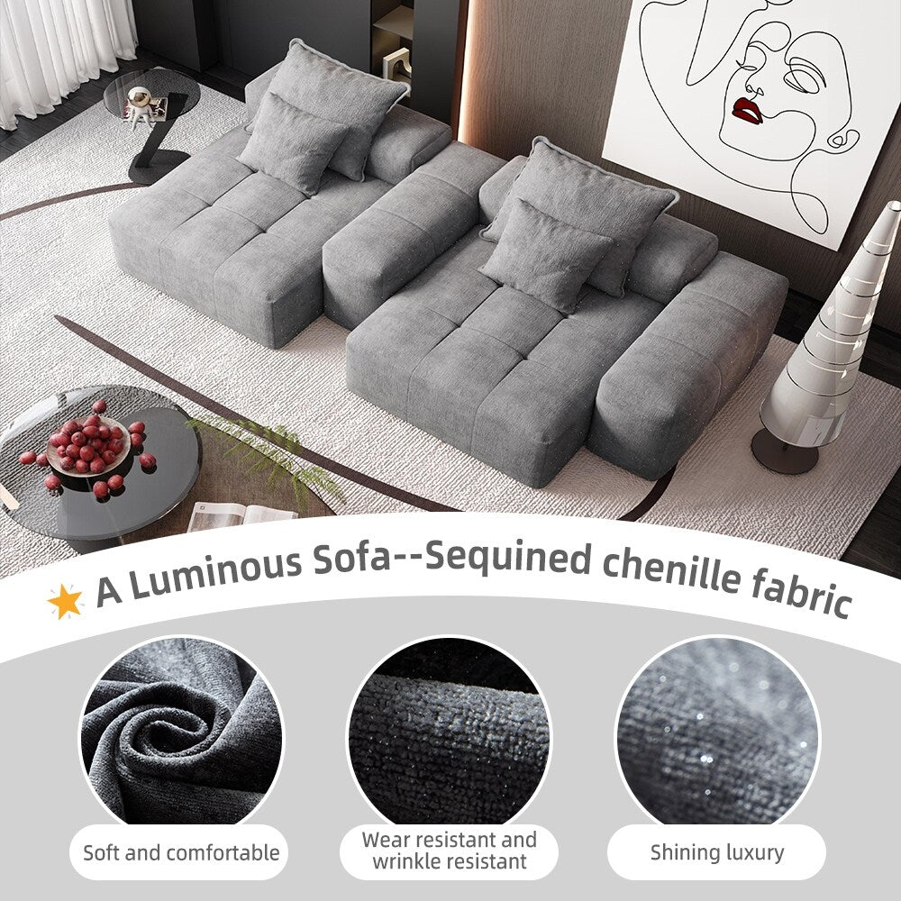 Canapé modulaire moderne en chenille avec 2 chaises longues, 2 accoudoirs et 4 coussins pour le salon
