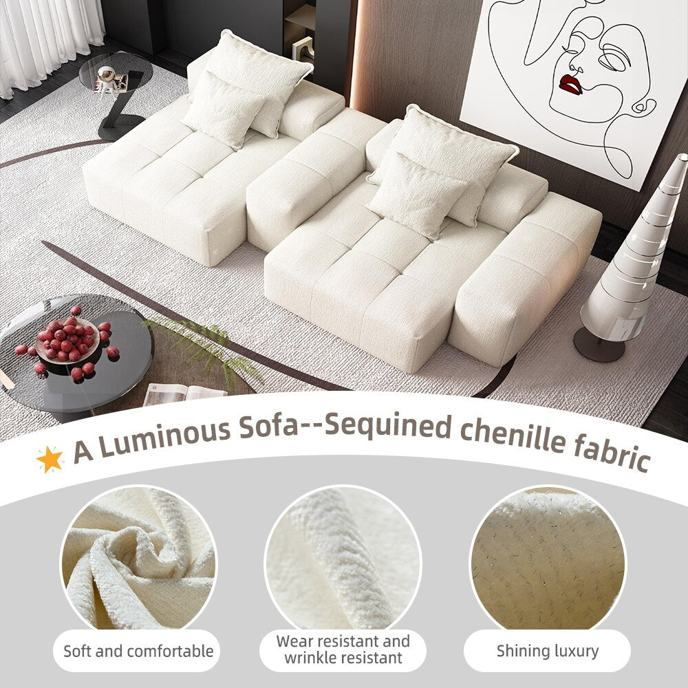 Canapé modulaire moderne en chenille avec 2 chaises longues, 2 accoudoirs et 4 coussins pour le salon