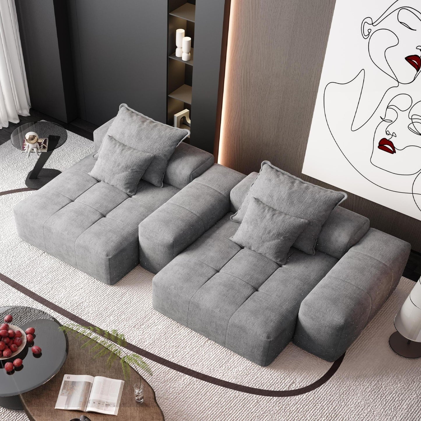 Canapé modulaire moderne en chenille avec 2 chaises longues, 2 accoudoirs et 4 coussins pour le salon