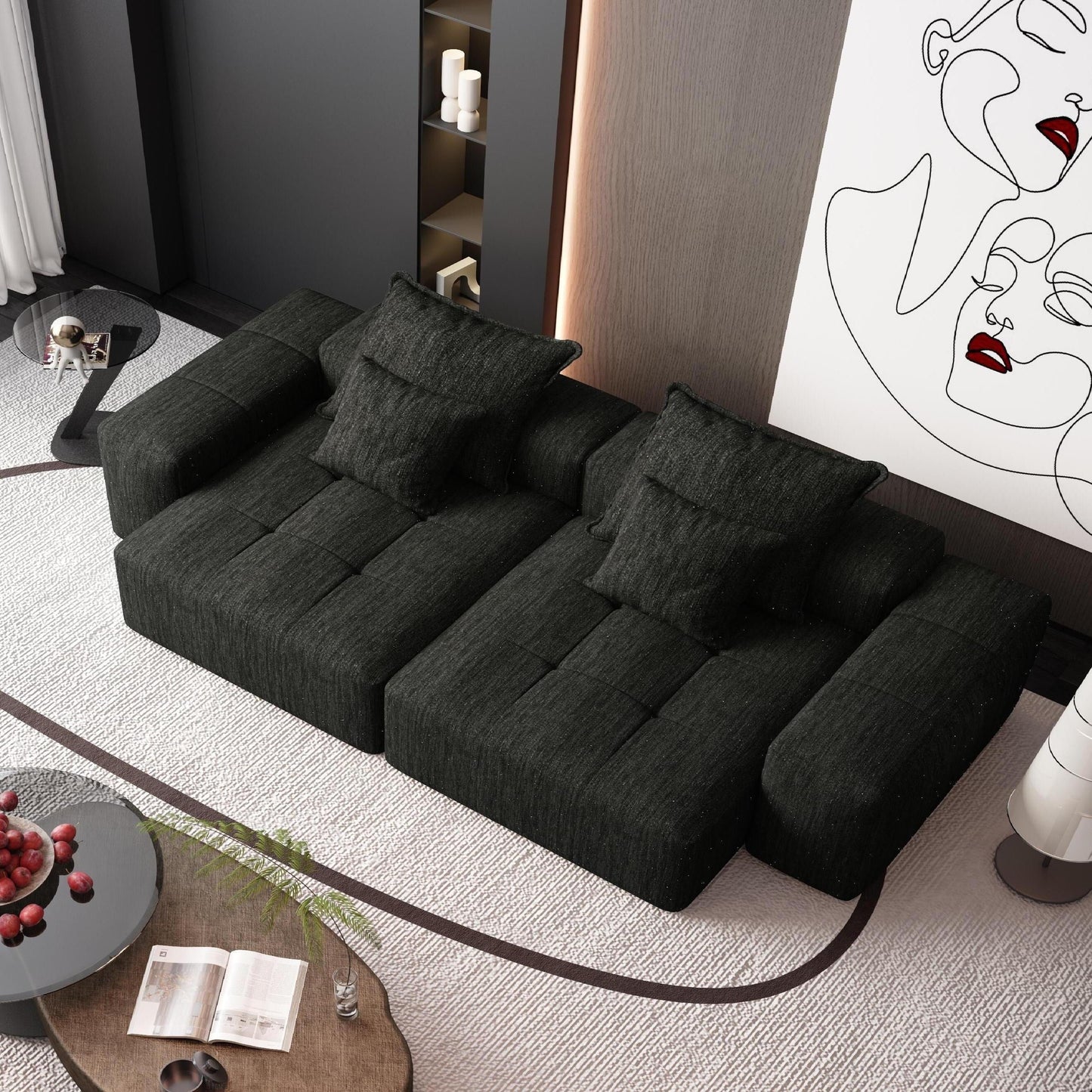Canapé modulaire moderne en chenille avec 2 chaises longues, 2 accoudoirs et 4 coussins pour le salon