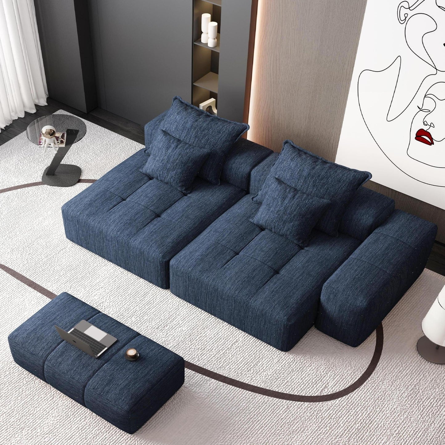 Canapé modulaire moderne en chenille avec 2 chaises longues, 2 accoudoirs et 4 coussins pour le salon
