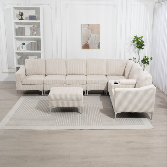 Canapé d'angle modulaire moderne en velours côtelé avec ports USB, pouf de rangement et porte-gobelets pour salon d'appartement