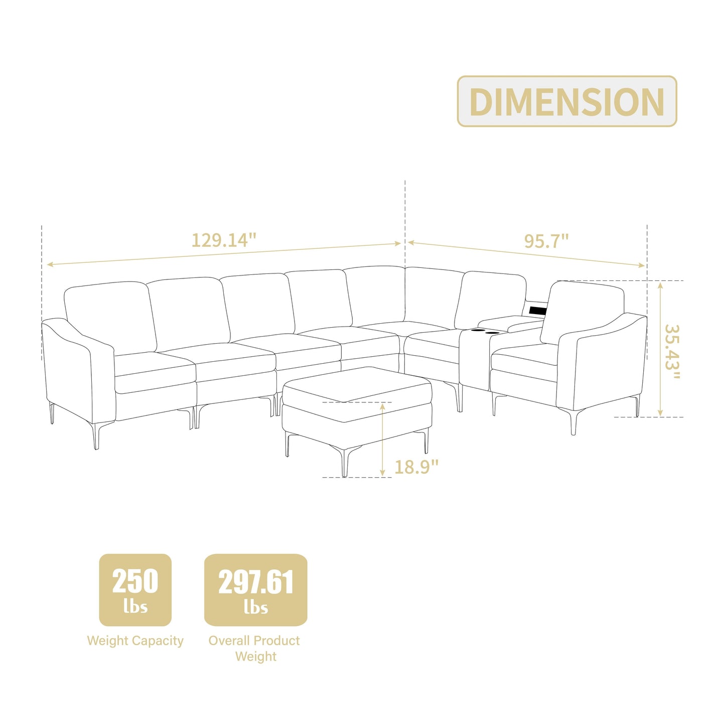 Canapé d'angle modulaire moderne en velours côtelé avec ports USB, pouf de rangement et porte-gobelets pour salon d'appartement
