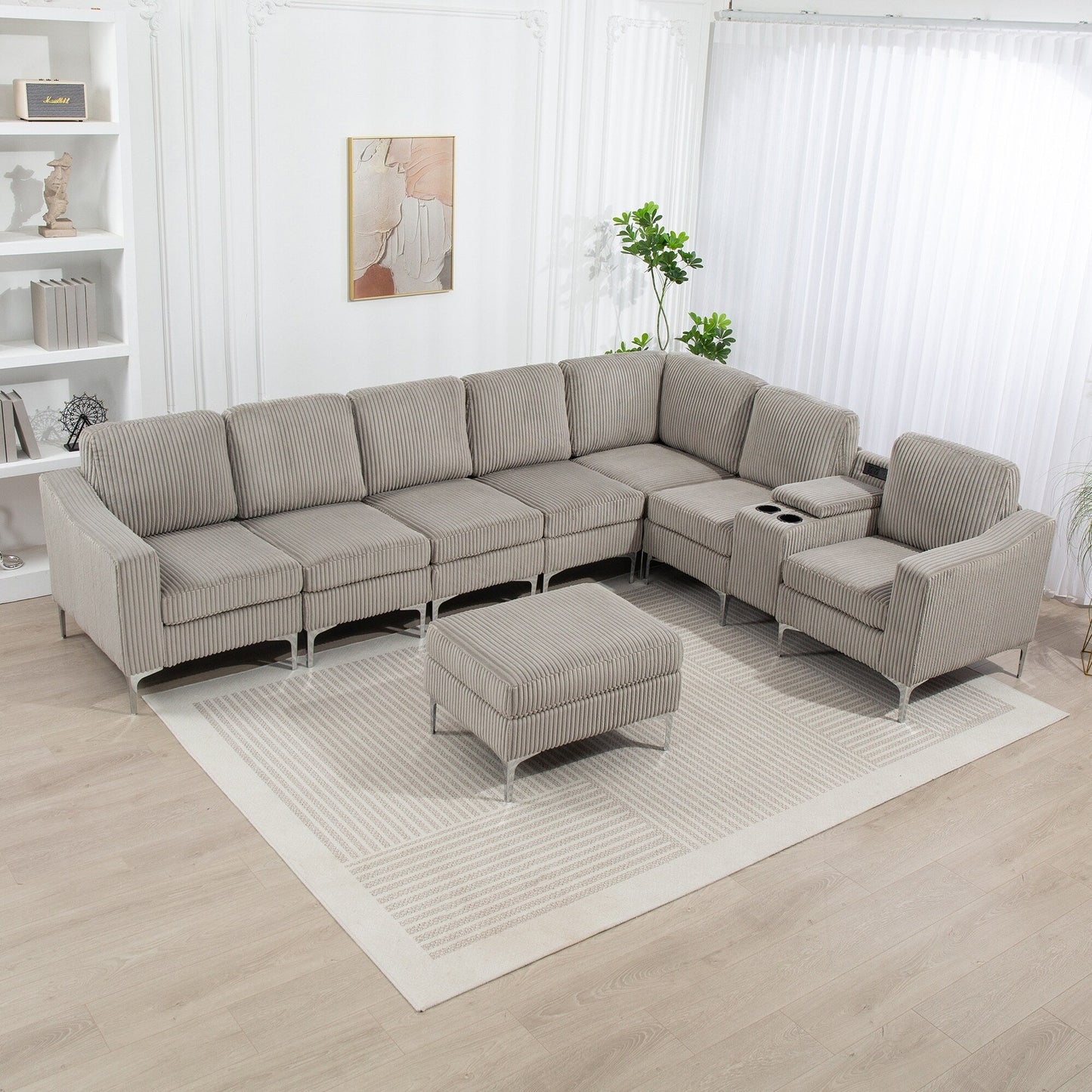 Canapé d'angle modulaire moderne en velours côtelé avec ports USB, pouf de rangement et porte-gobelets pour salon d'appartement