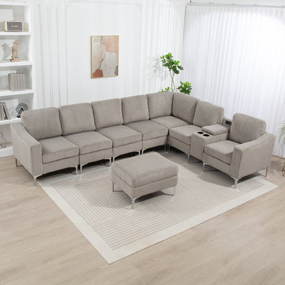 Canapé d'angle modulaire moderne en velours côtelé avec ports USB, pouf de rangement et porte-gobelets pour salon d'appartement
